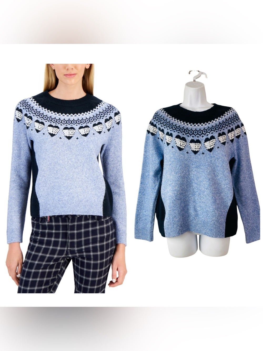 Tommy Hilfiger Blue/Navy Fair Isle Heart Pattern Crew Neck Sweater Size M